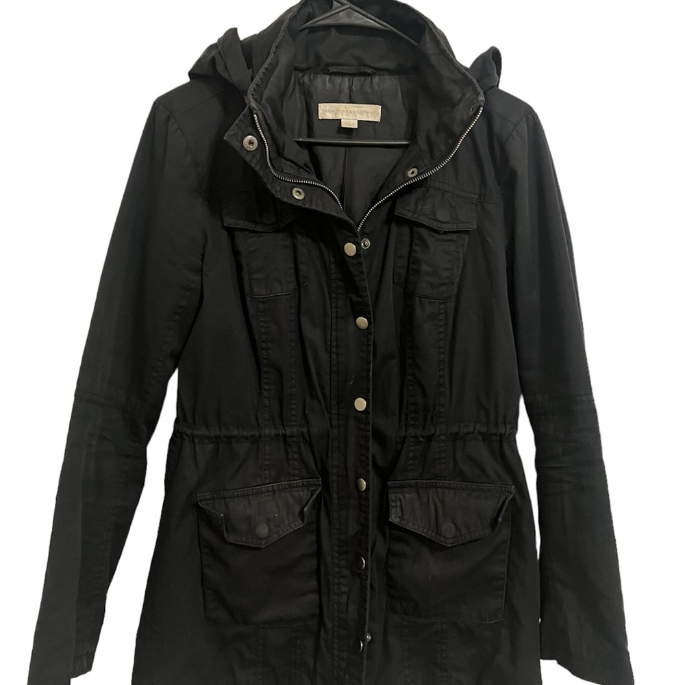 New York and Company black coat with tuck in hood buttons and zipper